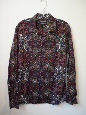 TopMan Stretch Skinny Fit Paisley Button Down Burgundy Size Large